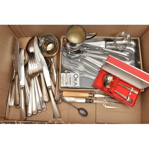 172 - A BOX OF ASSORTED WHITE METAL WARE, to include boxed sets of stainless steel 'Oka' cutlery pieces, a... 