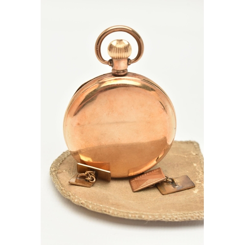 93 - A FULL HUNTER POCKET WATCH AND A PAIR OF CUFFLINKS, a gold plated full hunter pocket watch, hand wou... 