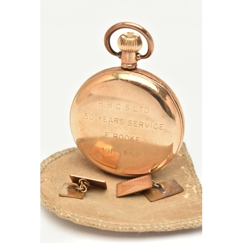 93 - A FULL HUNTER POCKET WATCH AND A PAIR OF CUFFLINKS, a gold plated full hunter pocket watch, hand wou... 