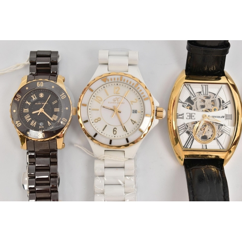 98 - FOUR WRISTWATCHES AND A FOB WATCH, to include a gents 'Evanshaw', manual wind watch, tonneau skeleto... 