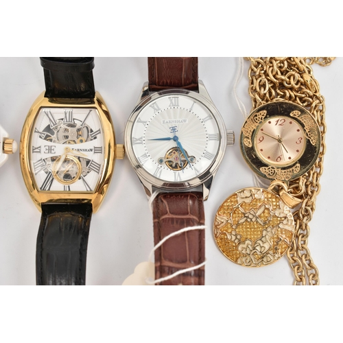 98 - FOUR WRISTWATCHES AND A FOB WATCH, to include a gents 'Evanshaw', manual wind watch, tonneau skeleto... 