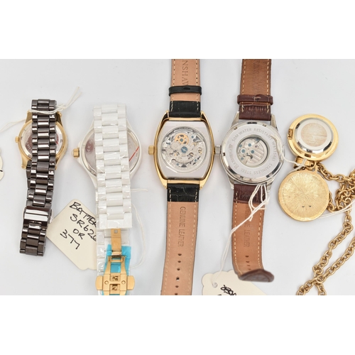 98 - FOUR WRISTWATCHES AND A FOB WATCH, to include a gents 'Evanshaw', manual wind watch, tonneau skeleto... 