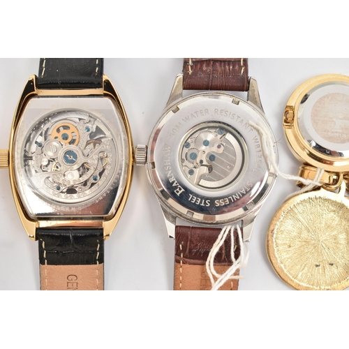 98 - FOUR WRISTWATCHES AND A FOB WATCH, to include a gents 'Evanshaw', manual wind watch, tonneau skeleto... 