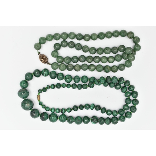 180 - TWO GEMSTONE BEADED NECKLACES, the first a malachite necklace, designed as graduated beads, fitted w... 