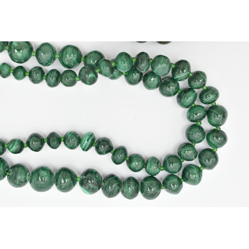 180 - TWO GEMSTONE BEADED NECKLACES, the first a malachite necklace, designed as graduated beads, fitted w... 