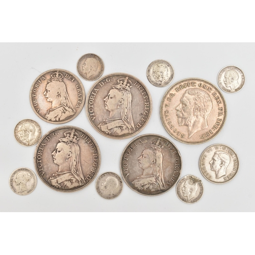 201 - A SMALL QUANTITY OF COINS, to include two Queen Victoria Crowns, dated 1889 and 1890, a George V Cro... 