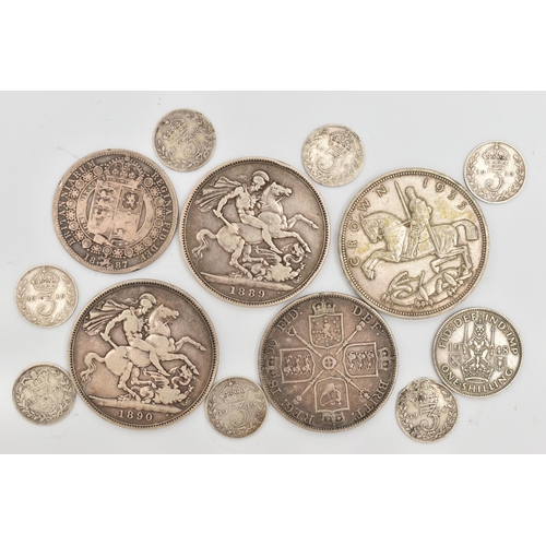 201 - A SMALL QUANTITY OF COINS, to include two Queen Victoria Crowns, dated 1889 and 1890, a George V Cro... 