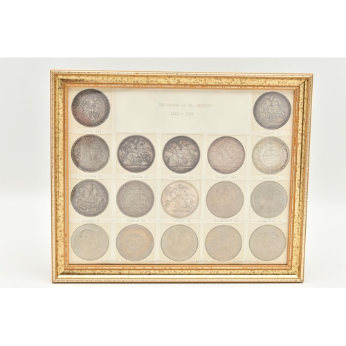 207 - A GLAZED DISPLAY OF CROWN COINS AND COMMEMORATIVES, to include George III Crown 1819 slight ding 10 ... 