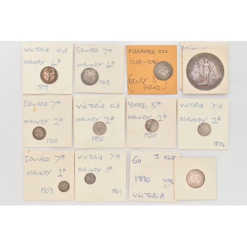 209 - A PARCEL OF UK COINS,  to include Alexander III (1249-1286) Penny, a British Trade Dollar 1911 vf, M... 