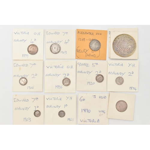 209 - A PARCEL OF UK COINS,  to include Alexander III (1249-1286) Penny, a British Trade Dollar 1911 vf, M... 