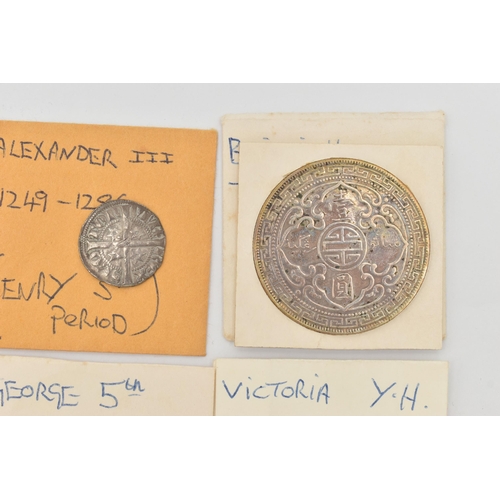 209 - A PARCEL OF UK COINS,  to include Alexander III (1249-1286) Penny, a British Trade Dollar 1911 vf, M... 