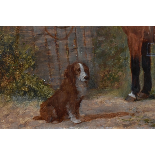 301 - ARTHUR BATT (BRITISH 1846-1911) 'WAITING FOR MASTER', a horse with a rabbit hanging from its saddle ... 