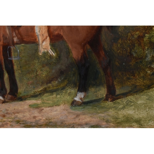 301 - ARTHUR BATT (BRITISH 1846-1911) 'WAITING FOR MASTER', a horse with a rabbit hanging from its saddle ... 