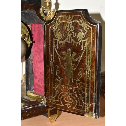 304 - A FRENCH BOULLE NINETEENTH-CENTURY MANTEL CLOCK fitted in an elaborate brass inlaid case with a cast... 