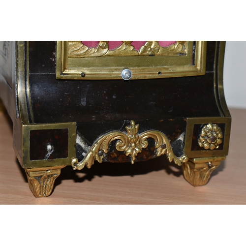 304 - A FRENCH BOULLE NINETEENTH-CENTURY MANTEL CLOCK fitted in an elaborate brass inlaid case with a cast... 