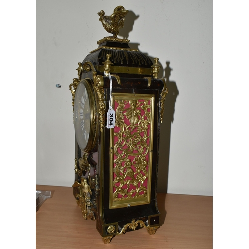 304 - A FRENCH BOULLE NINETEENTH-CENTURY MANTEL CLOCK fitted in an elaborate brass inlaid case with a cast... 