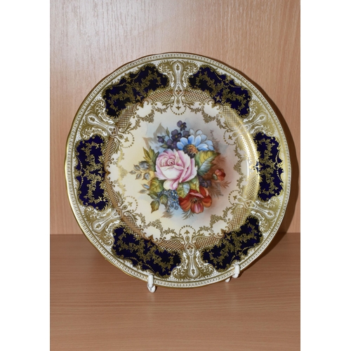 307 - AN AYNSLEY PRINTED AND TINTED PORCELAIN CABINET PLATE with a J.A.Bailey signature, with central flor... 