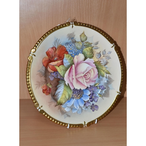 313 - AN AYNSLEY PRINTED AND TINTED PORCELAIN CABINET PLATE with a J.A.Bailey signature, with a floral pat... 