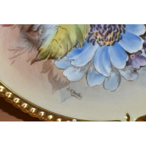 313 - AN AYNSLEY PRINTED AND TINTED PORCELAIN CABINET PLATE with a J.A.Bailey signature, with a floral pat... 