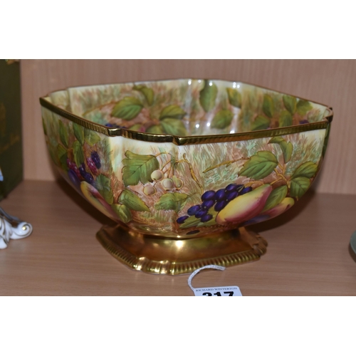 317 - A HAND-PAINTED AYNSLEY ORCHARD GOLD PEDESTAL FRUIT BOWL of canted square form, with a green manufact... 