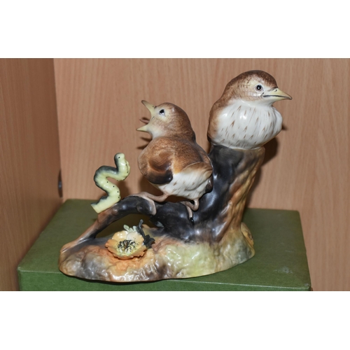 318 - A PAIR OF ''CHELSEA BIRDS'' AND A ROYAL CROWN DERBY THRUSH CHICKS ORNAMENT comprising a boxed Royal ... 