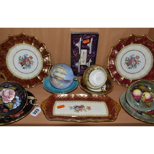 323 - A GROUP OF AYNSLEY TEA WARE, comprising two frilled rimmed cake plates and small rectangular sandwic... 