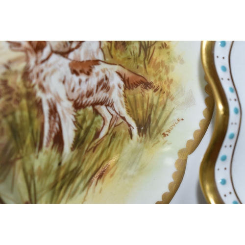 324 - TWO 'COUNTRY PURSUITS' HAND PAINTED CABINET PLATES, bearing a Royal Crown Derby red backstamp, both ... 