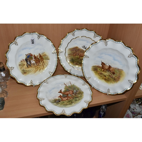 330 - FOUR HIGHLAND SCENE CABINET PLATES, bearing a green Royal Crown Derby backstamp, signature J. Doyle ... 