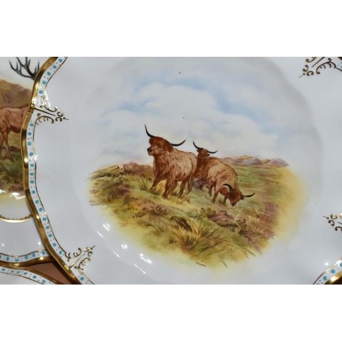 330 - FOUR HIGHLAND SCENE CABINET PLATES, bearing a green Royal Crown Derby backstamp, signature J. Doyle ... 