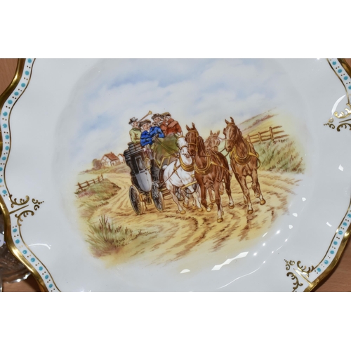 330 - FOUR HIGHLAND SCENE CABINET PLATES, bearing a green Royal Crown Derby backstamp, signature J. Doyle ... 