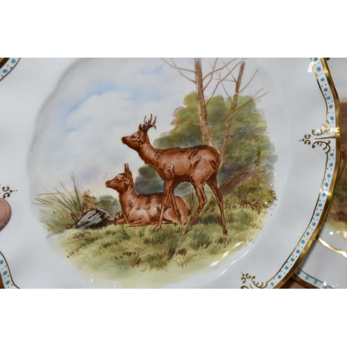 330 - FOUR HIGHLAND SCENE CABINET PLATES, bearing a green Royal Crown Derby backstamp, signature J. Doyle ... 