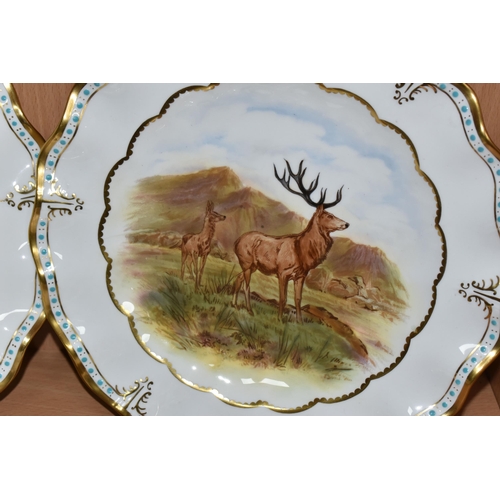 330 - FOUR HIGHLAND SCENE CABINET PLATES, bearing a green Royal Crown Derby backstamp, signature J. Doyle ... 