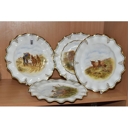 330 - FOUR HIGHLAND SCENE CABINET PLATES, bearing a green Royal Crown Derby backstamp, signature J. Doyle ... 