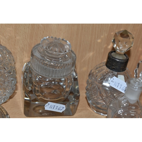 331 - A COLLECTION OF TWELVE SCENT BOTTLES AND TWO GLASS INKWELLS, comprising a nineteenth century cut cry... 