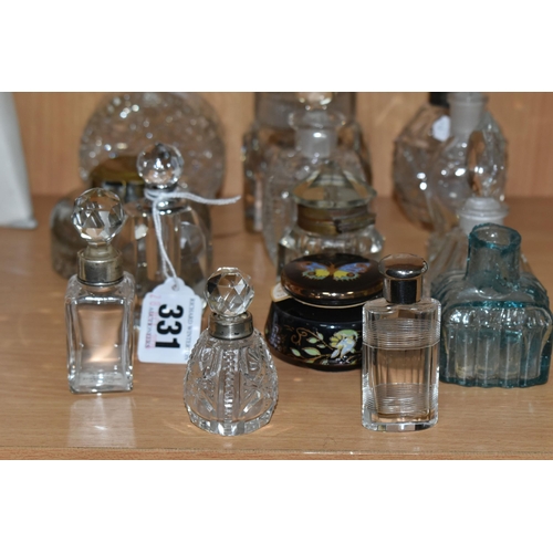 331 - A COLLECTION OF TWELVE SCENT BOTTLES AND TWO GLASS INKWELLS, comprising a nineteenth century cut cry... 