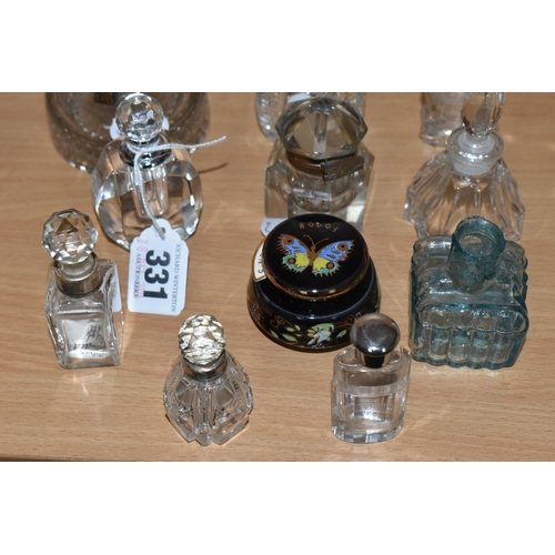 331 - A COLLECTION OF TWELVE SCENT BOTTLES AND TWO GLASS INKWELLS, comprising a nineteenth century cut cry... 