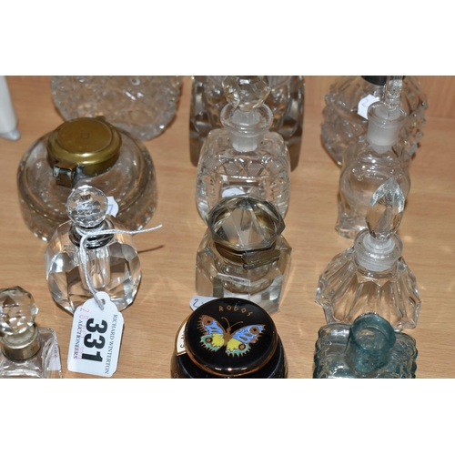 331 - A COLLECTION OF TWELVE SCENT BOTTLES AND TWO GLASS INKWELLS, comprising a nineteenth century cut cry... 