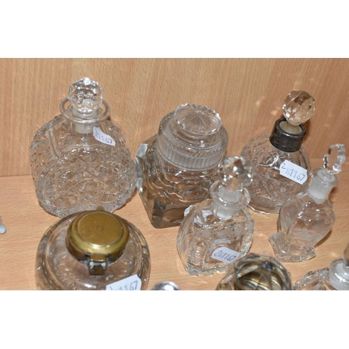 331 - A COLLECTION OF TWELVE SCENT BOTTLES AND TWO GLASS INKWELLS, comprising a nineteenth century cut cry... 