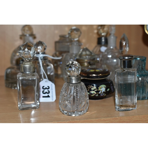 331 - A COLLECTION OF TWELVE SCENT BOTTLES AND TWO GLASS INKWELLS, comprising a nineteenth century cut cry... 