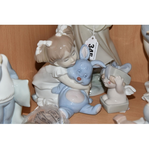 345 - A LLADRO FIGURE AND A GROUP OF NAO FIGURES, comprising Lladro Girl with Doves/ Pigeons, no 4915, scu... 