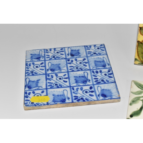 360 - A GROUP OF ARTS AND CRAFTS STYLE TILES AND A WMF PEN TRAY, comprising a WMF pewter pen tray decorate... 