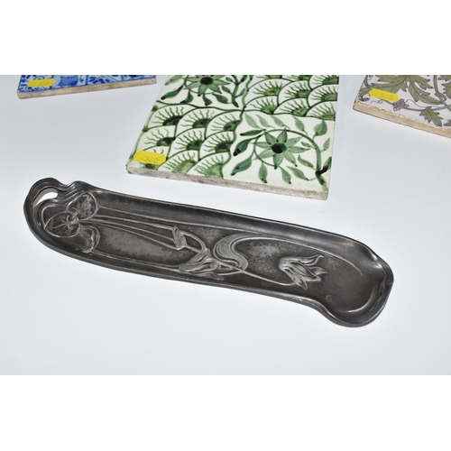 360 - A GROUP OF ARTS AND CRAFTS STYLE TILES AND A WMF PEN TRAY, comprising a WMF pewter pen tray decorate... 