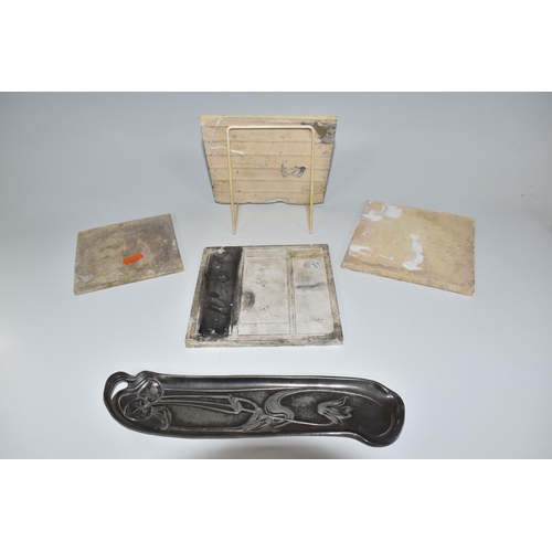 360 - A GROUP OF ARTS AND CRAFTS STYLE TILES AND A WMF PEN TRAY, comprising a WMF pewter pen tray decorate... 