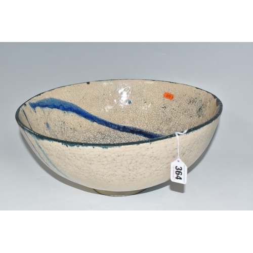 364 - CATRIONA McLEOD: A LARGE RAKU FIRED BOWL, decorated with blue and turquoise bands on a cream crackle... 