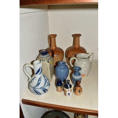 367 - A COLLECTION OF DOULTON LAMBETH STONEWARE ITEMS, comprising a sgraffito jug with blue foliate decora... 