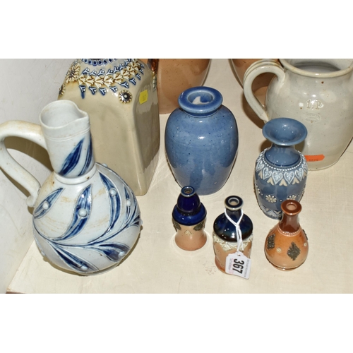 367 - A COLLECTION OF DOULTON LAMBETH STONEWARE ITEMS, comprising a sgraffito jug with blue foliate decora... 