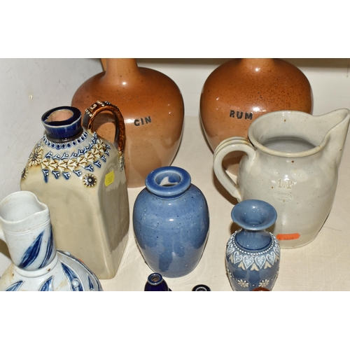 367 - A COLLECTION OF DOULTON LAMBETH STONEWARE ITEMS, comprising a sgraffito jug with blue foliate decora... 