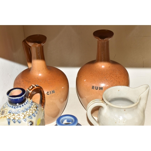 367 - A COLLECTION OF DOULTON LAMBETH STONEWARE ITEMS, comprising a sgraffito jug with blue foliate decora... 