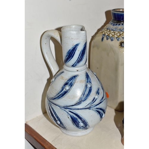 367 - A COLLECTION OF DOULTON LAMBETH STONEWARE ITEMS, comprising a sgraffito jug with blue foliate decora... 