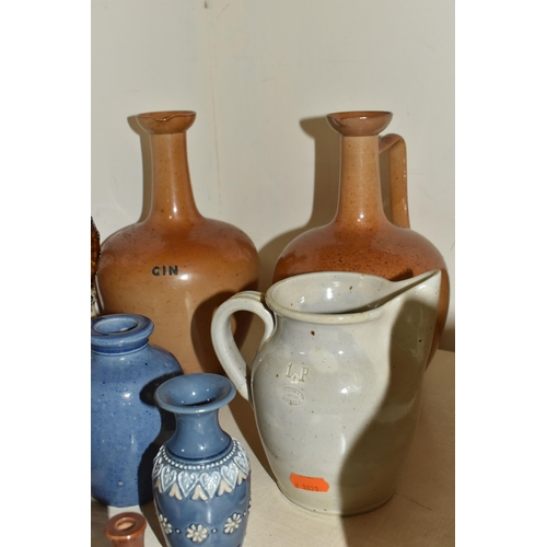 367 - A COLLECTION OF DOULTON LAMBETH STONEWARE ITEMS, comprising a sgraffito jug with blue foliate decora... 